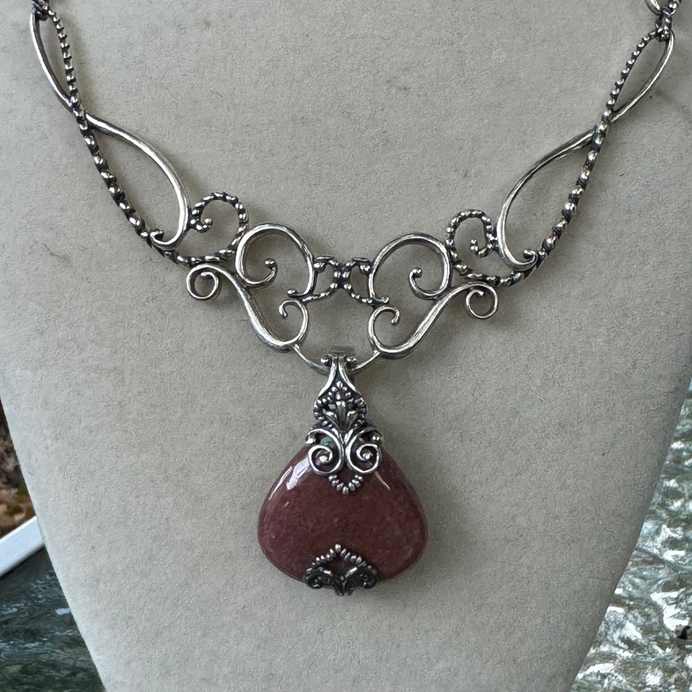 Carolyn Pollack Sterling Silver Rhodonite Fillagree Necklace w Box Fairycore